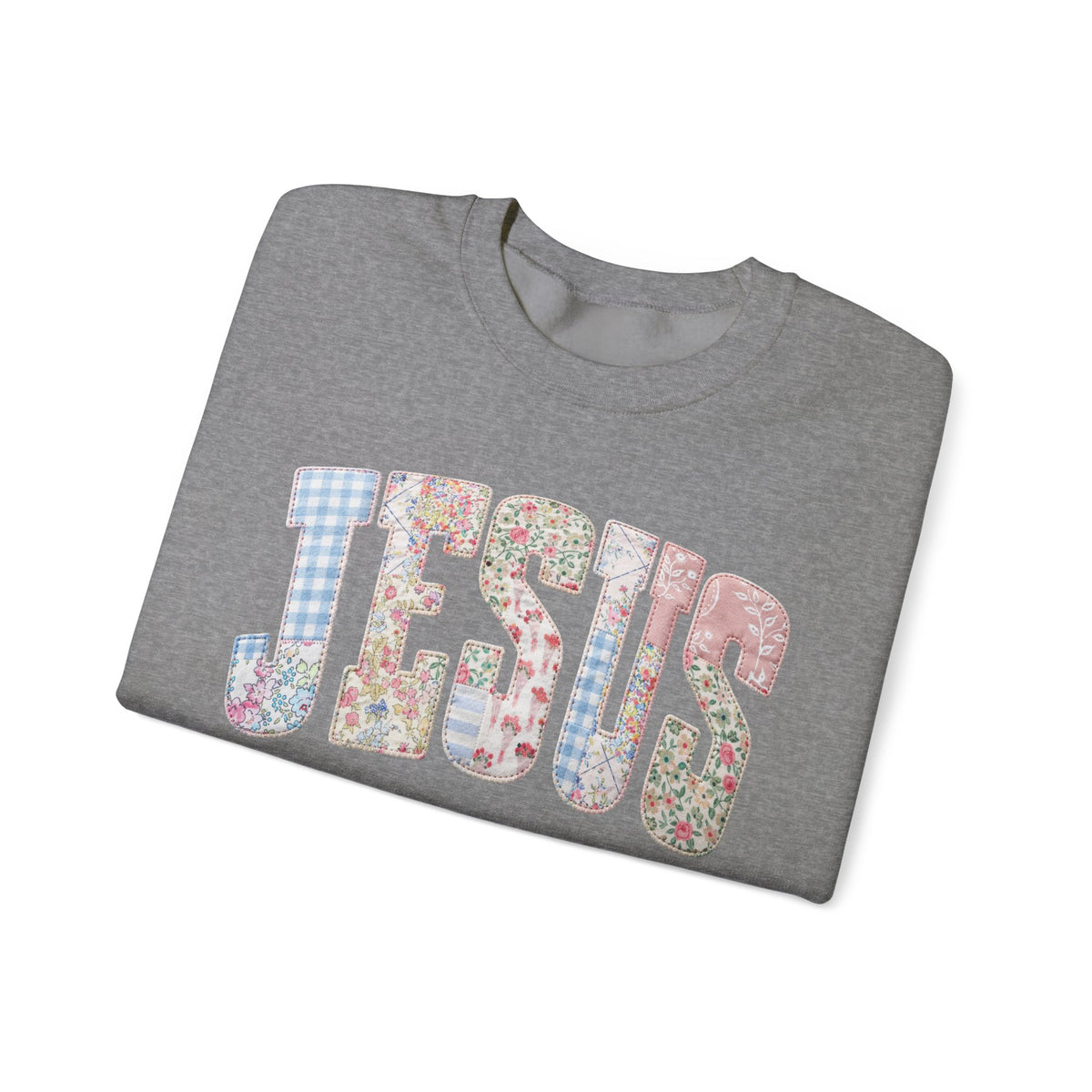 Jesus faux Patchwork – Gildan Heavy Blend | Trendy Women’s Soft Sweatshirt. Direct to Garment. Printed & Shipped in the USA. Unisex Sizes.