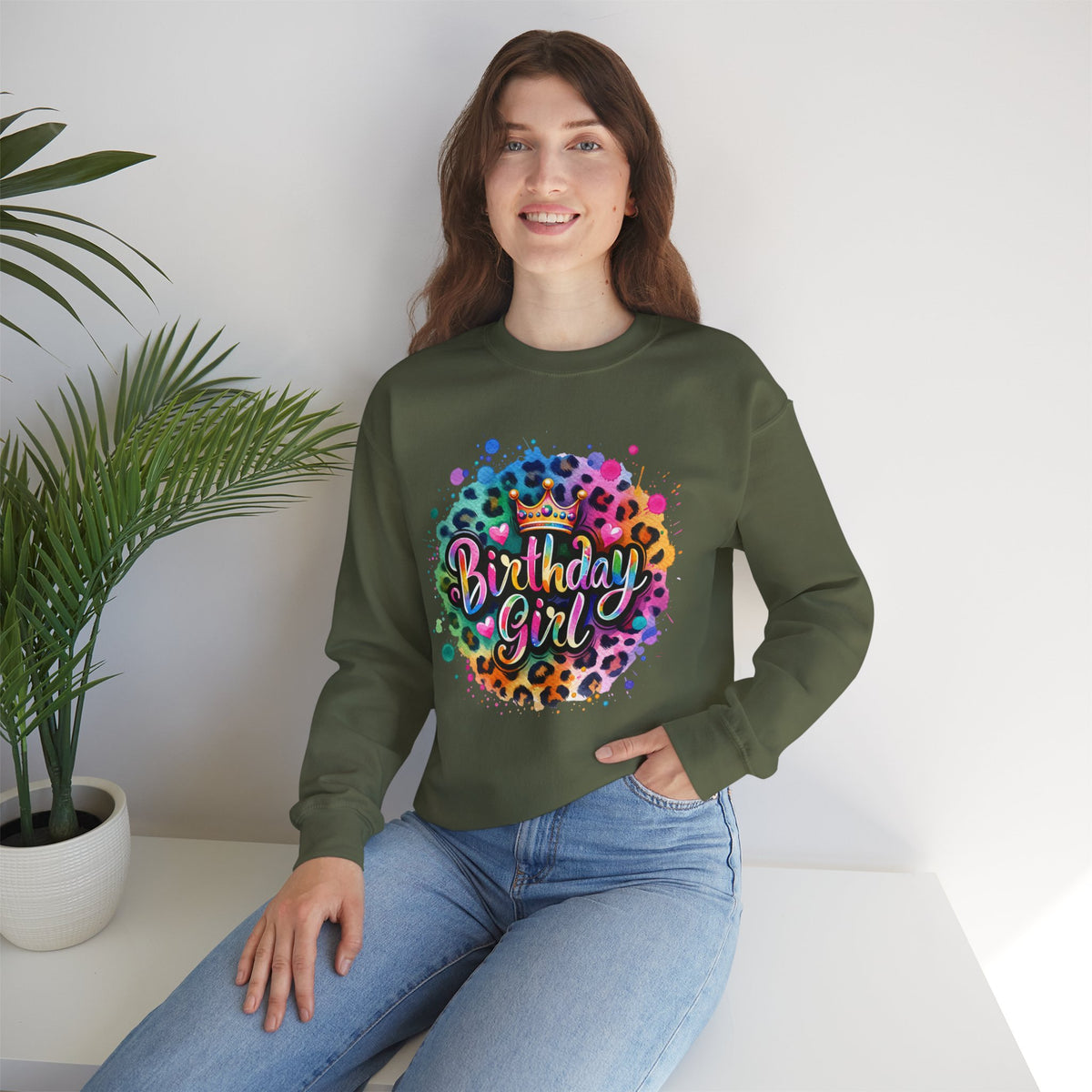 Birthday Girl, Neon Leopard – Gildan Heavy Blend | Trendy Women’s Soft Sweatshirt. Direct to Garment. Printed & Shipped in the USA. Unisex Sizes.