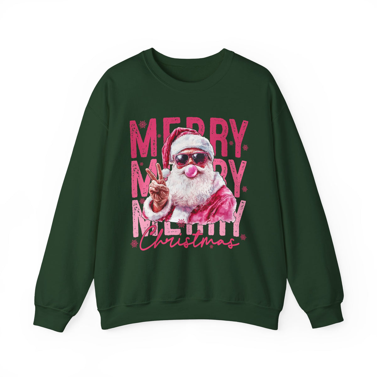 Pink Merry Christmas Bubblegum Santa – Gildan Heavy Blend | Trendy Women’s Soft Sweatshirt. Direct to Garment. Printed & Shipped in the USA. Unisex Sizes.