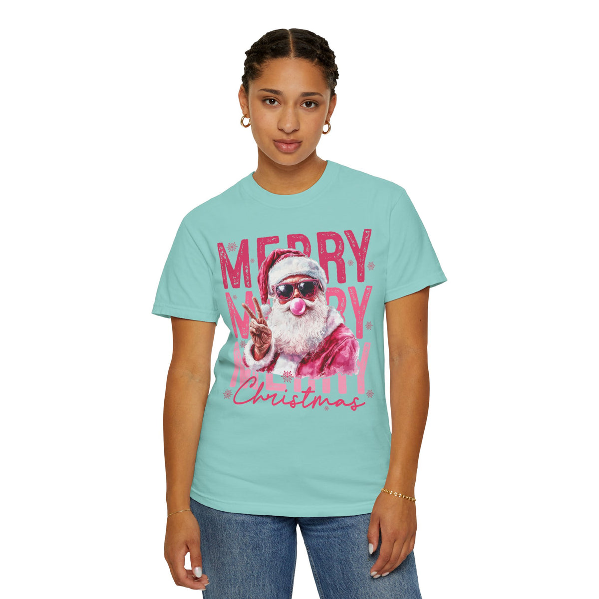 Pink Merry Christmas Bubblegum Santa - Comfort Colors | Trendy Women's T-Shirt. Direct to Garment. Printed & Shipped in the USA. Unisex Sizes.