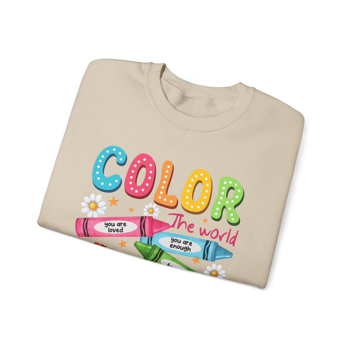 Color the World With Kindness Crayons, Great Teacher Gift – Gildan Heavy Blend | Trendy Women’s and Men's Soft Sweatshirt. Direct to Garment. Printed & Shipped in the USA. Unisex Sizes.