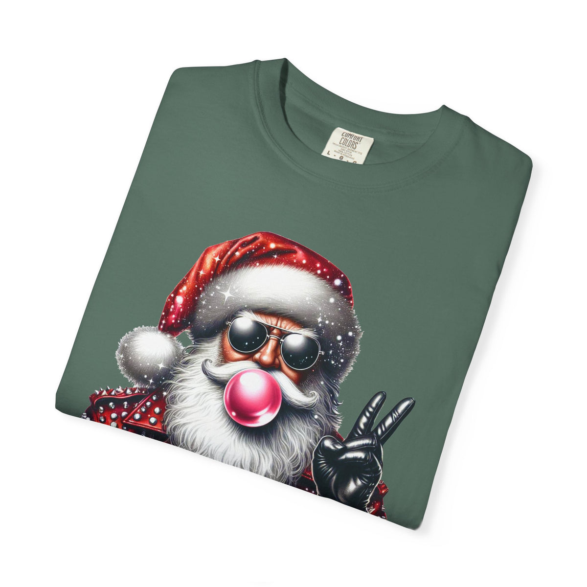 Biker Santa Leather Jacket Bubblegum - Comfort Colors | Trendy Women's and Men's T-Shirt. Direct to Garment. Printed & Shipped in the USA. Unisex Sizes.