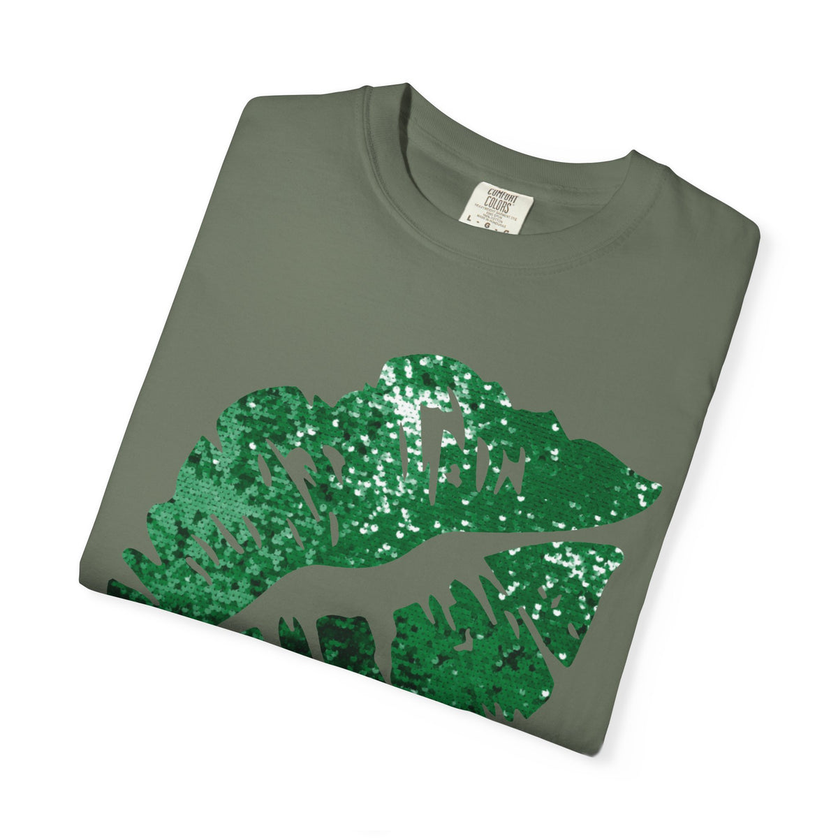 Green Faux Glitter Kiss - Comfort Colors | Trendy Women's T-Shirt. Direct to Garment. Printed & Shipped in the USA. Unisex Sizes.