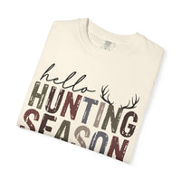 Hello Hunting Season Goodbye Husband Camouflage Wife - Comfort Colors | Trendy Women's T-Shirt. Direct to Garment. Printed & Shipped in the USA. Unisex Sizes.