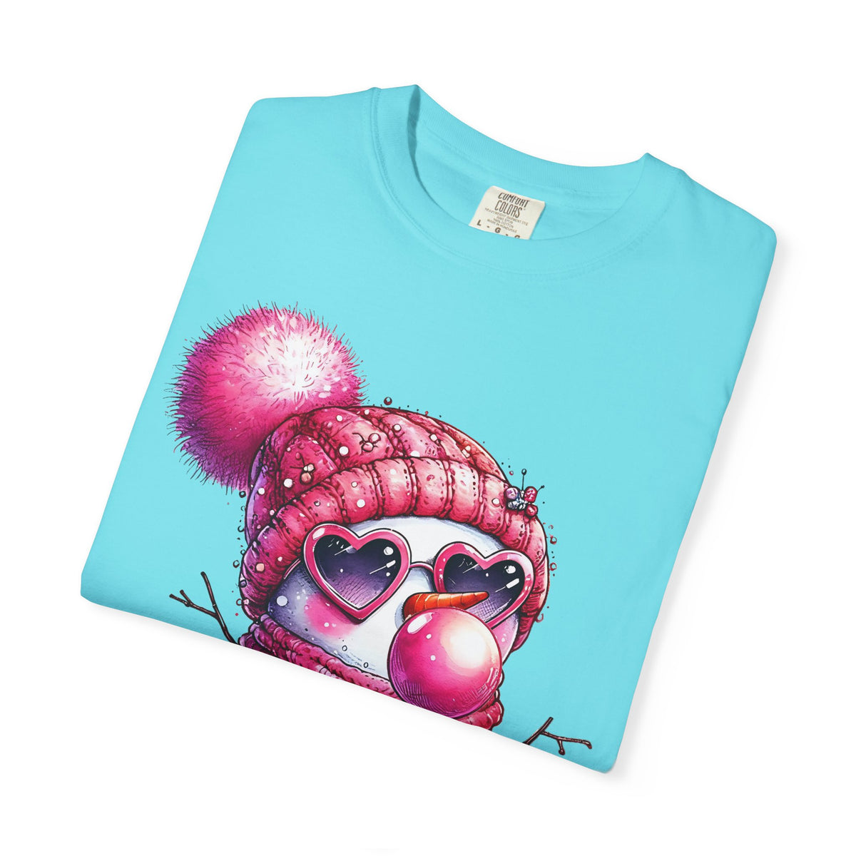 Pink Girly Snowman with Heart Sunglasses and Bubblegum Winter - Comfort Colors | Trendy Women's T-Shirt. Direct to Garment. Printed & Shipped in the USA. Unisex Sizes.