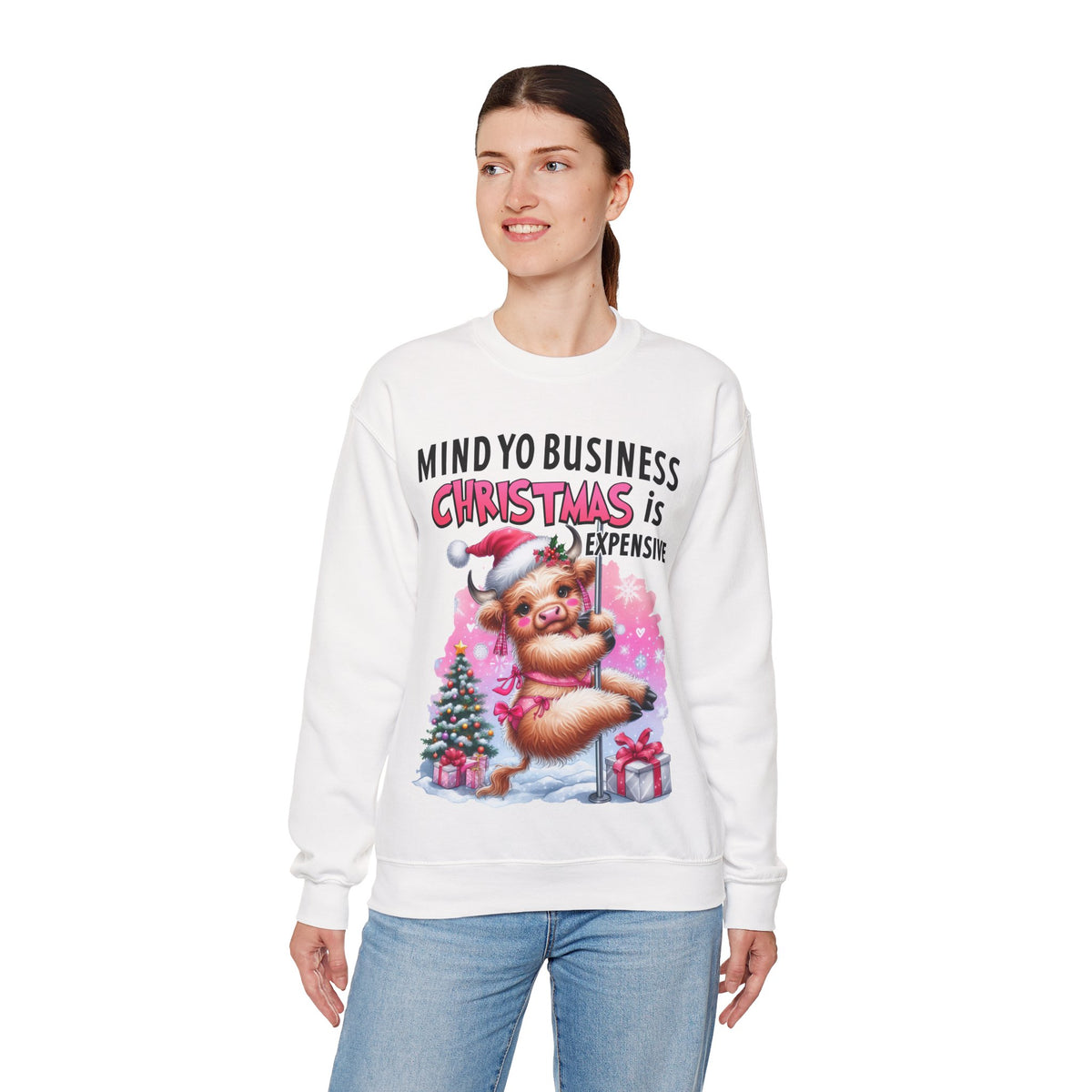 Highland Cow Mind Yo Business Christmas is Expensive – Gildan Heavy Blend | Trendy Women’s Soft Sweatshirt. Direct to Garment. Printed & Shipped in the USA. Unisex Sizes.
