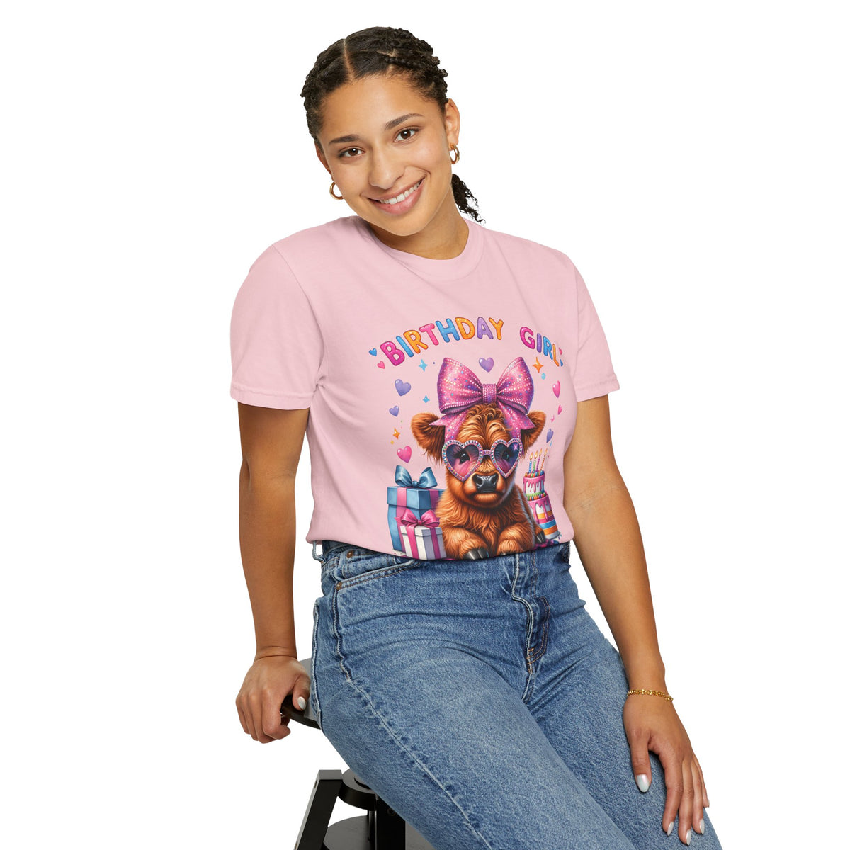 Birthday Girl, Highland Cow - Comfort Colors | Trendy Women's T-Shirt. Direct to Garment. Printed & Shipped in the USA. Unisex Sizes.