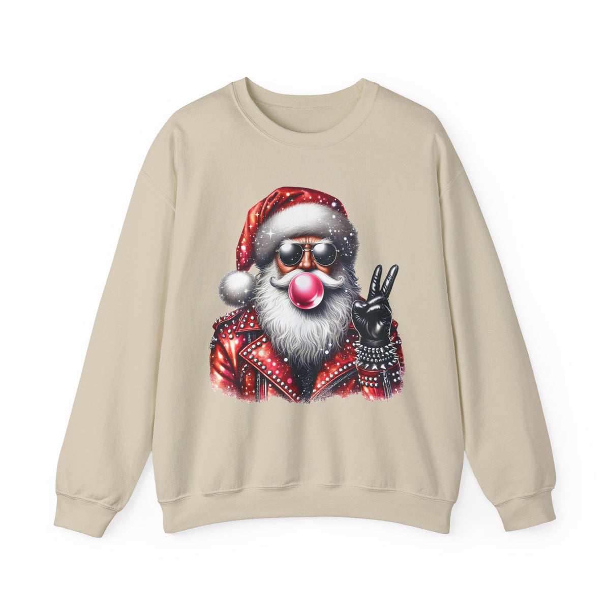 Biker Santa Leather Jacket Bubblegum – Gildan Heavy Blend | Trendy Women’s and Men's Soft Sweatshirt. Direct to Garment. Printed & Shipped in the USA. Unisex Sizes.