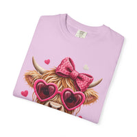 Highland Cow - Pink Heart Shaped Glasses - Comfort Colors | Trendy Women's T-Shirt. Direct to Garment. Printed & Shipped in the USA. Unisex Sizes.