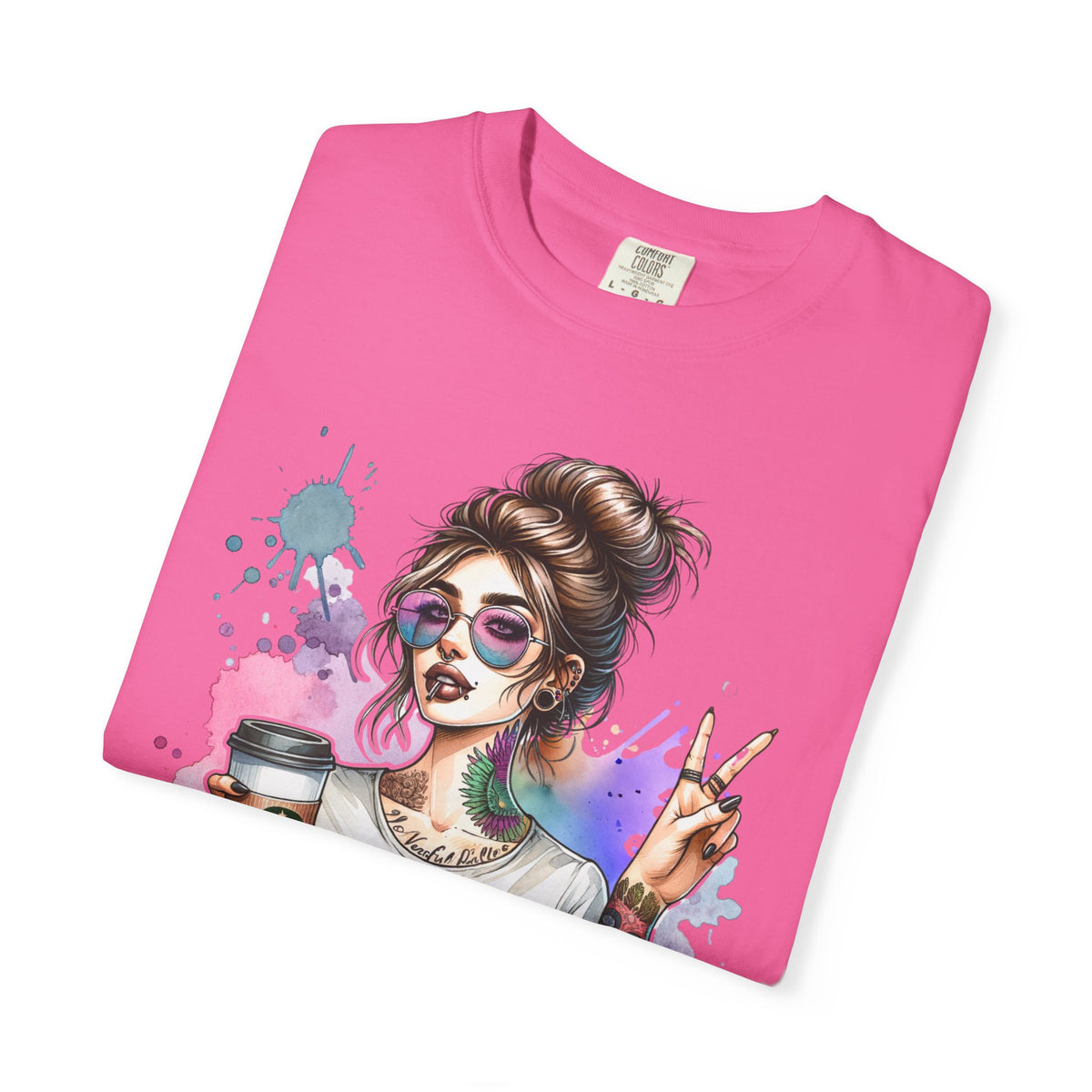 Cool Mombie with Coffee Peace Tattoo - Comfort Colors | Trendy Women's T-Shirt. Direct to Garment. Printed & Shipped in the USA. Unisex Sizes.