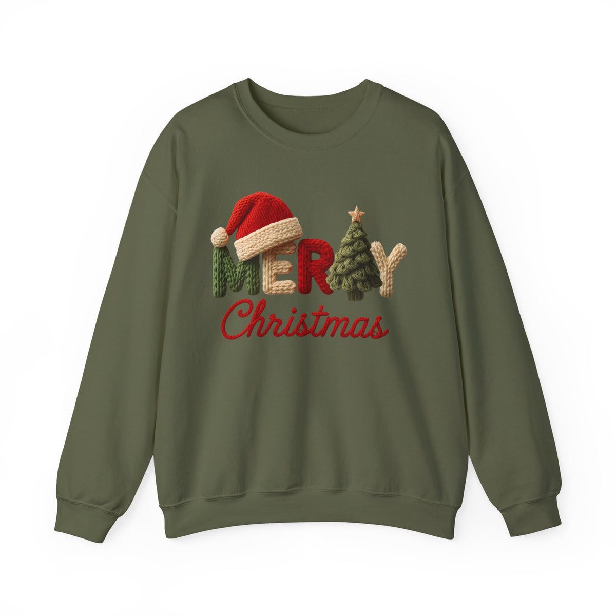 Merry Christmas Faux Yarn w/Santa Hat & Tree – Gildan Heavy Blend | Trendy Women’s Soft Sweatshirt. Direct to Garment. Printed & Shipped in the USA. Unisex Sizes.