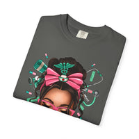 Nurse Life Messy Bun, Cute Stethoscope & Syringe - Comfort Colors | Trendy Women's T-Shirt. Direct to Garment. Printed & Shipped in the USA. Unisex Sizes.
