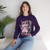 Cute But Feral, Squirrel in Pink Bibs – Gildan Heavy Blend | Trendy Women’s Soft Sweatshirt. Direct to Garment. Printed & Shipped in the USA. Unisex Sizes.