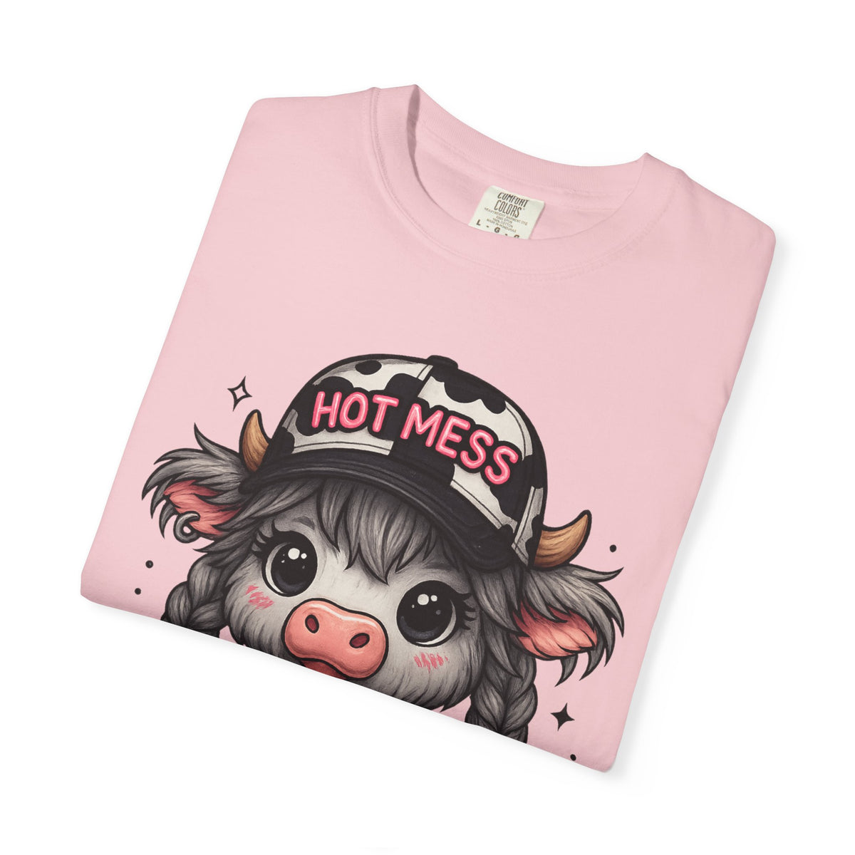 Cute Highland Cow 'Hot Mess' In Braids  - Comfort Colors | Trendy Women's T-Shirt. Direct to Garment. Printed & Shipped in the USA. Unisex Sizes.