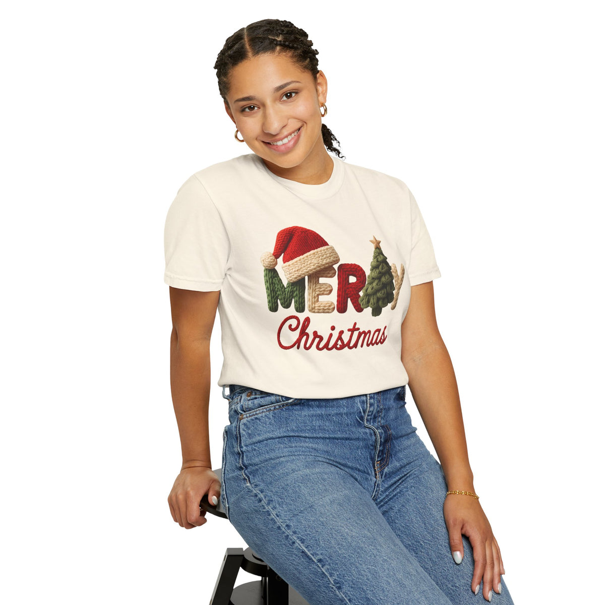 Merry Christmas Faux Yarn w/Santa Hat & Tree - Comfort Colors | Trendy Women's T-Shirt. Direct to Garment. Printed & Shipped in the USA. Unisex Sizes.