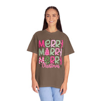 Merry Merry Merry Christmas, Festive Candy Cane & Pink and Green Plaid - Comfort Colors | Trendy Women's T-Shirt. Direct to Garment. Printed & Shipped in the USA. Unisex Sizes.