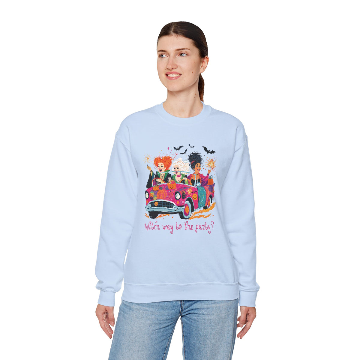Witch Way to the Party? – Gildan Heavy Blend | Trendy Women’s Soft Sweatshirt. Direct to Garment. Printed & Shipped in the USA. Unisex Sizes.