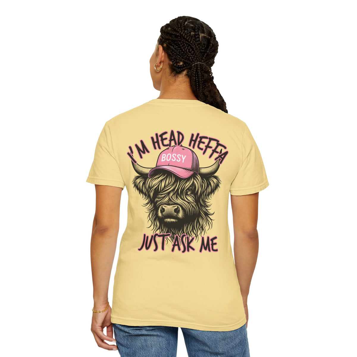 Head Heffa Highland Cow, Front & Back Print - Comfort Colors | Trendy Women's T-Shirt. Direct to Garment. Printed & Shipped in the USA. Unisex Sizes.