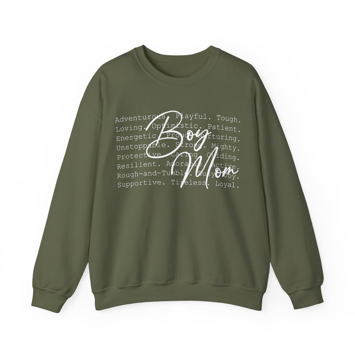 Boy Mom Typography – Gildan Heavy Blend | Trendy Women’s Soft Sweatshirt. Direct to Garment. Printed & Shipped in the USA. Unisex Sizes.