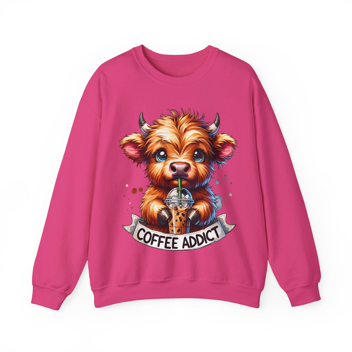 Coffee Addict Highland Cow Drinking Iced Coffee – Gildan Heavy Blend | Trendy Women’s Soft Sweatshirt. Direct to Garment. Printed & Shipped in the USA. Unisex Sizes.