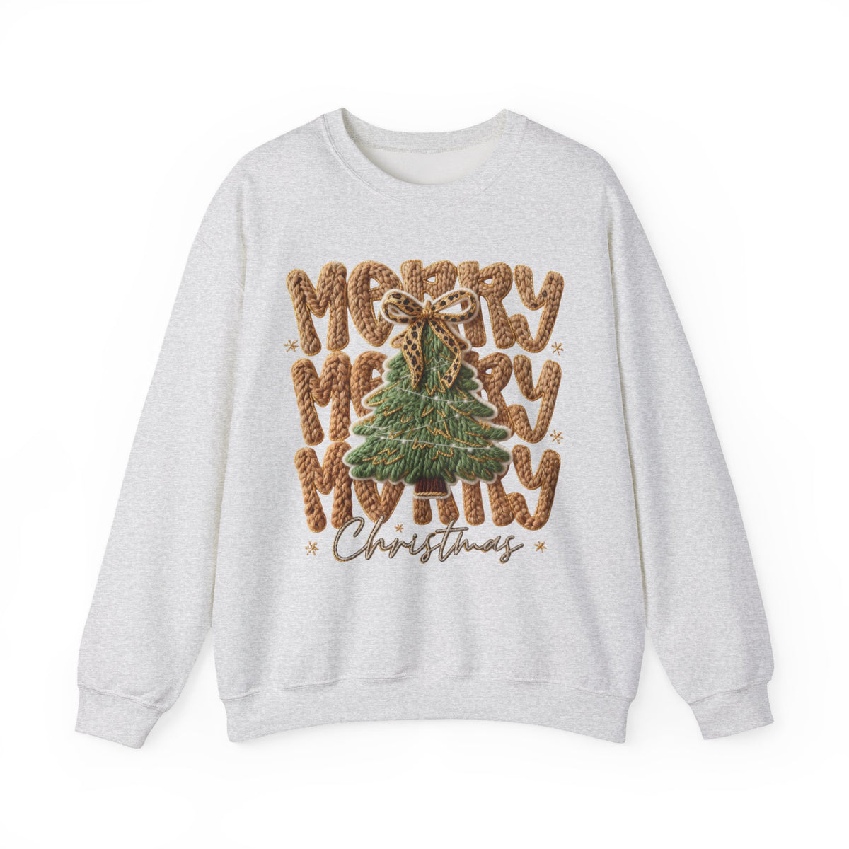 Merry Merry Merry Christmas, Faux Latch Hook Yarn – Gildan Heavy Blend | Trendy Women’s Soft Sweatshirt. Direct to Garment. Printed & Shipped in the USA. Unisex Sizes.