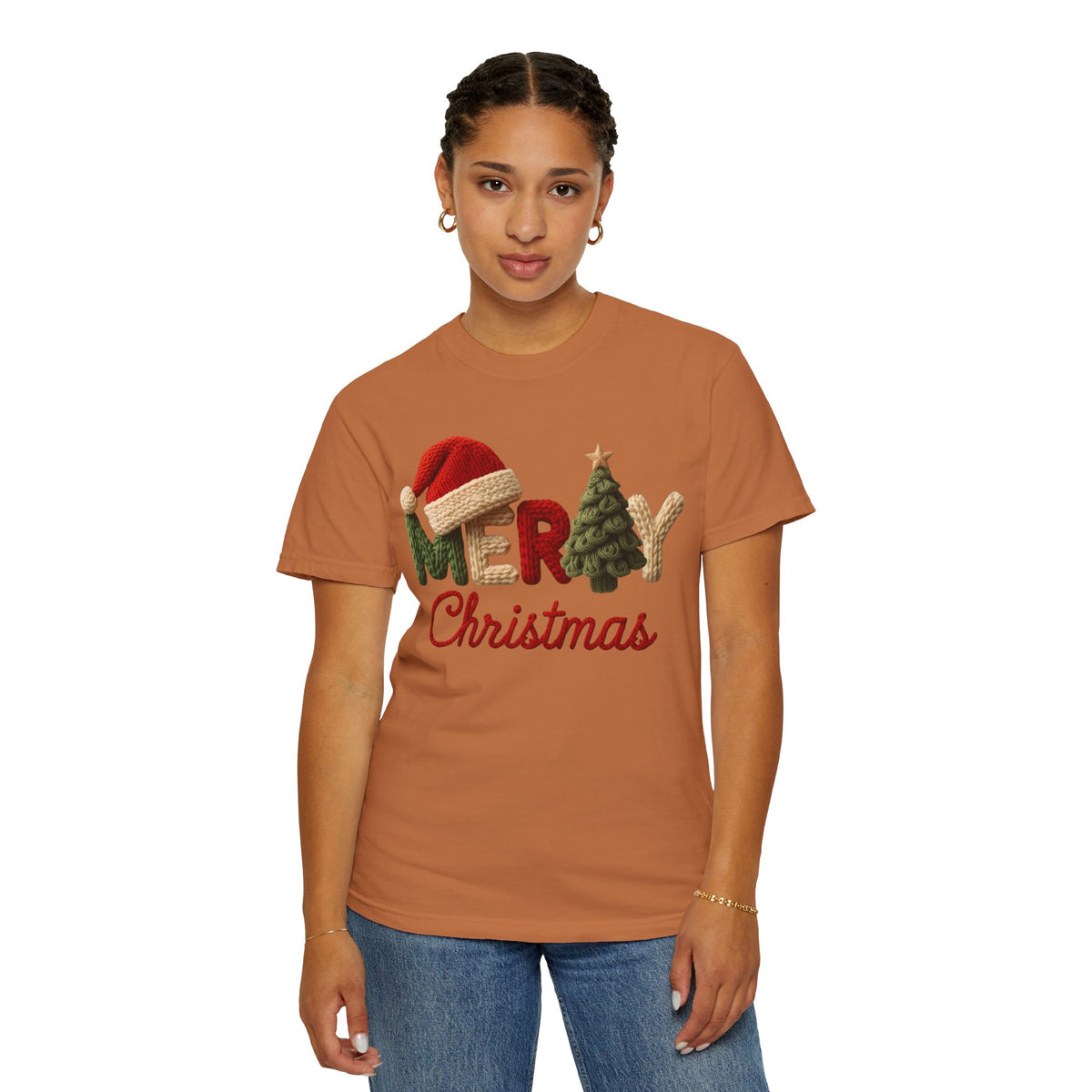 Merry Christmas Faux Yarn w/Santa Hat & Tree - Comfort Colors | Trendy Women's T-Shirt. Direct to Garment. Printed & Shipped in the USA. Unisex Sizes.