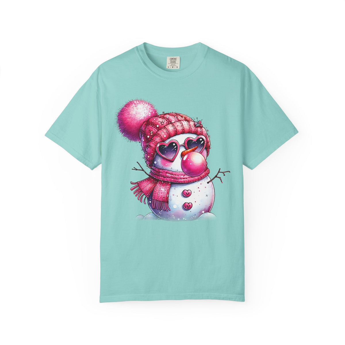 Pink Girly Snowman with Heart Sunglasses and Bubblegum Winter - Comfort Colors | Trendy Women's T-Shirt. Direct to Garment. Printed & Shipped in the USA. Unisex Sizes.