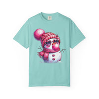 Pink Girly Snowman with Heart Sunglasses and Bubblegum Winter - Comfort Colors | Trendy Women's T-Shirt. Direct to Garment. Printed & Shipped in the USA. Unisex Sizes.