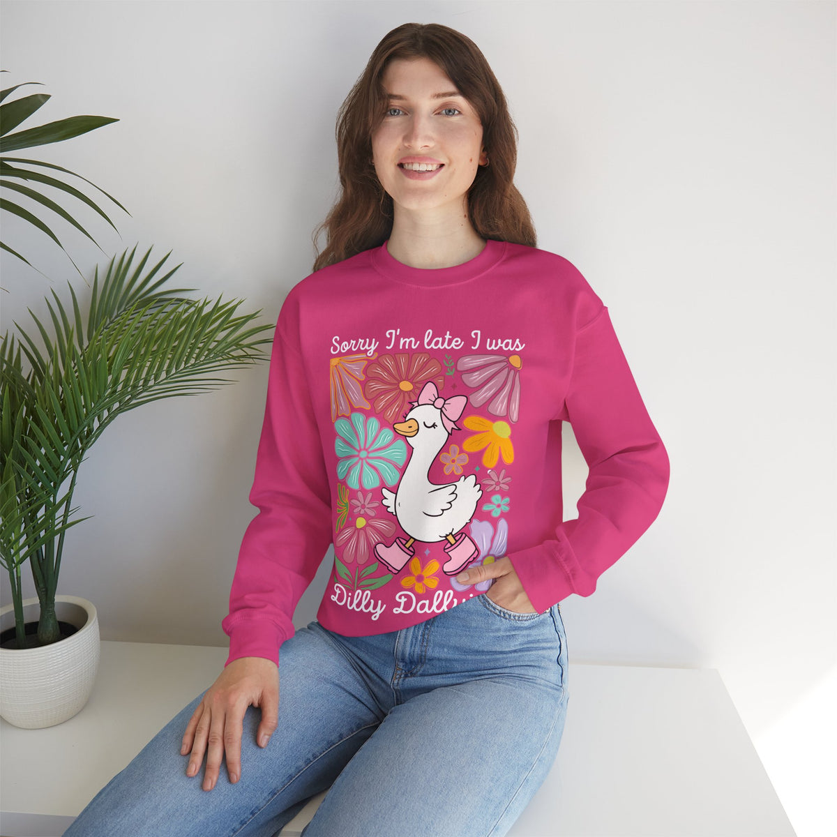 Sorry I'm Late I Was Dilly Dallying Cute Floral Duck – Gildan Heavy Blend | Trendy Women’s Soft Sweatshirt. Direct to Garment. Printed & Shipped in the USA. Unisex Sizes.