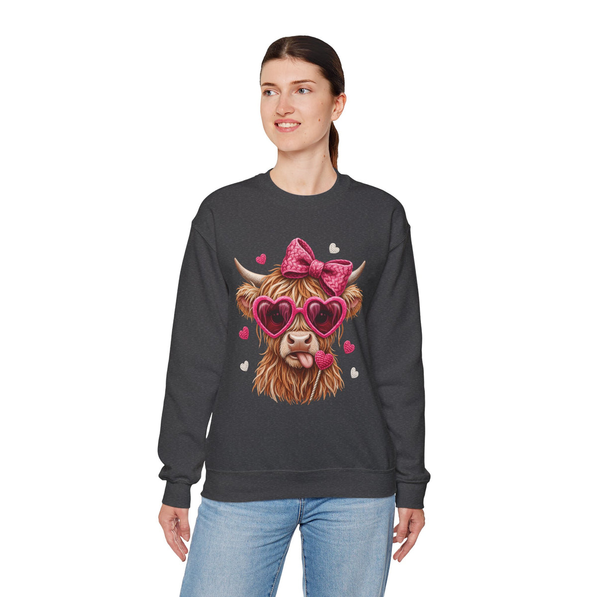 Highland Cow - Pink Heart Shaped Glasses – Gildan Heavy Blend | Trendy Women’s Soft Sweatshirt. Direct to Garment. Printed & Shipped in the USA. Unisex Sizes.
