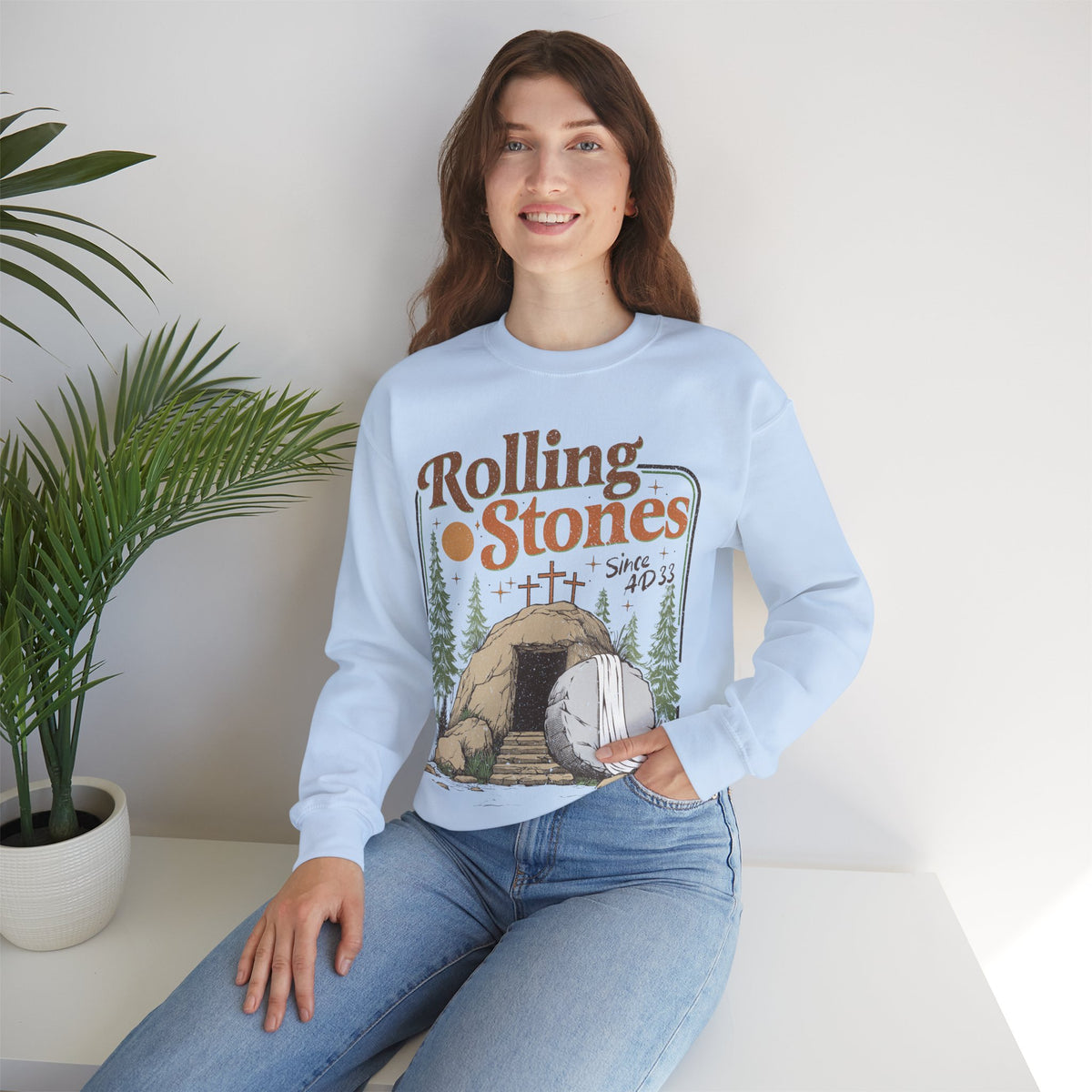 Rolling Stones "Since AD33" Easter Empty Tomb Christian – Gildan Heavy Blend | Trendy Men's and Women’s Soft Sweatshirt. Direct to Garment. Printed & Shipped in the USA. Unisex Sizes.