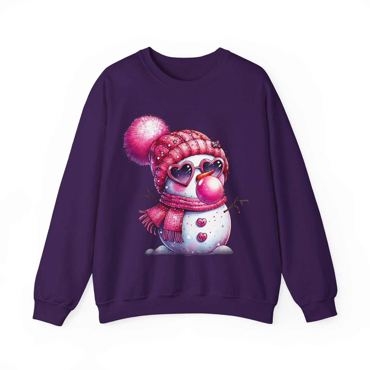 Pink Girly Snowman with Heart Sunglasses and Bubblegum - Winter – Gildan Heavy Blend | Trendy Women’s Soft Sweatshirt. Direct to Garment. Printed & Shipped in the USA. Unisex Sizes.