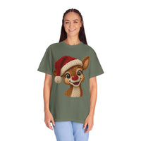 Cute Rudolph Faux Knit Look Reindeer w/Santa Hat - Comfort Colors | Trendy Women's T-Shirt. Direct to Garment. Printed & Shipped in the USA. Unisex Sizes.