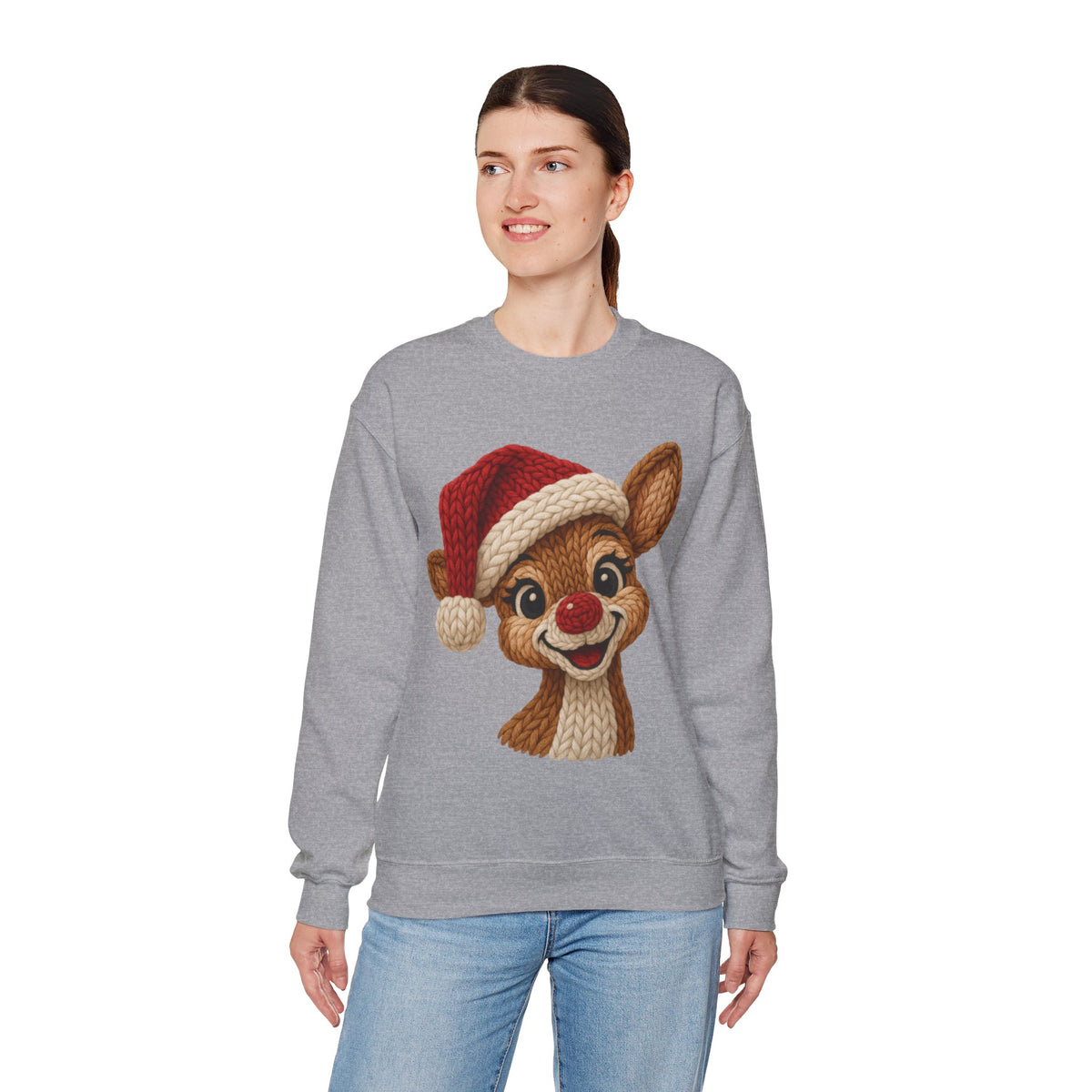 Cute Rudolph Faux Knit Look Reindeer w/Santa Hat – Gildan Heavy Blend | Trendy Women’s Soft Sweatshirt. Direct to Garment. Printed & Shipped in the USA. Unisex Sizes.