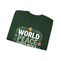 World Peace Starts With A Small Piece Of Kindness – Gildan Heavy Blend | Trendy Women’s Soft Sweatshirt. Direct to Garment. Printed & Shipped in the USA. Unisex Sizes.