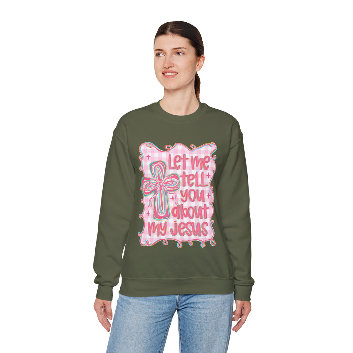 Let Me Tell You About My Jesus, Pink and Green – Gildan Heavy Blend | Trendy Women’s Soft Sweatshirt. Direct to Garment. Printed & Shipped in the USA. Unisex Sizes.