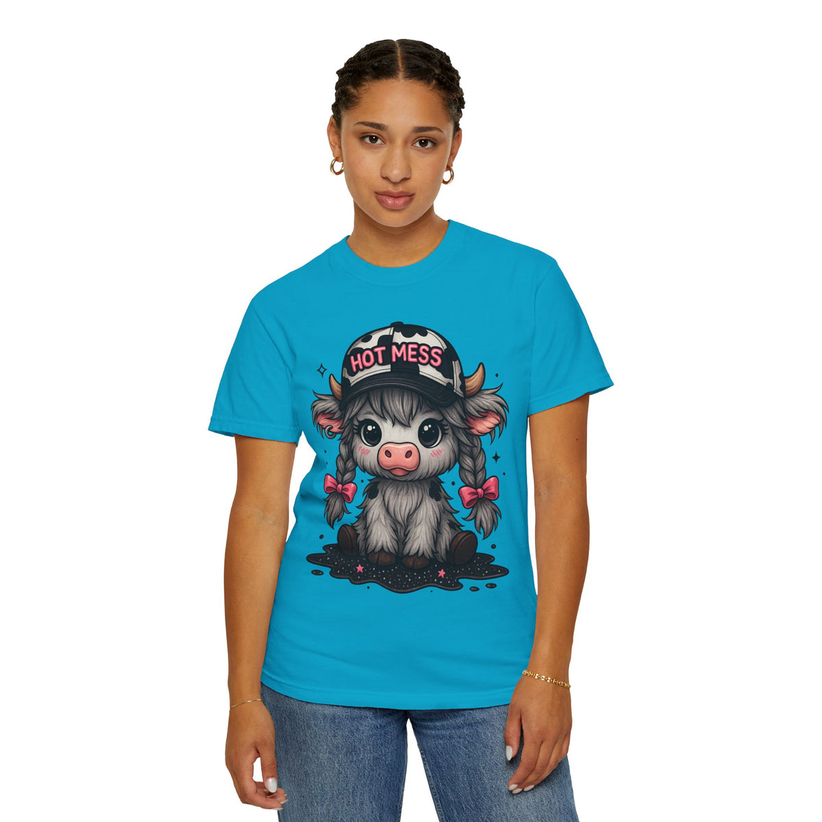 Cute Highland Cow 'Hot Mess' In Braids  - Comfort Colors | Trendy Women's T-Shirt. Direct to Garment. Printed & Shipped in the USA. Unisex Sizes.