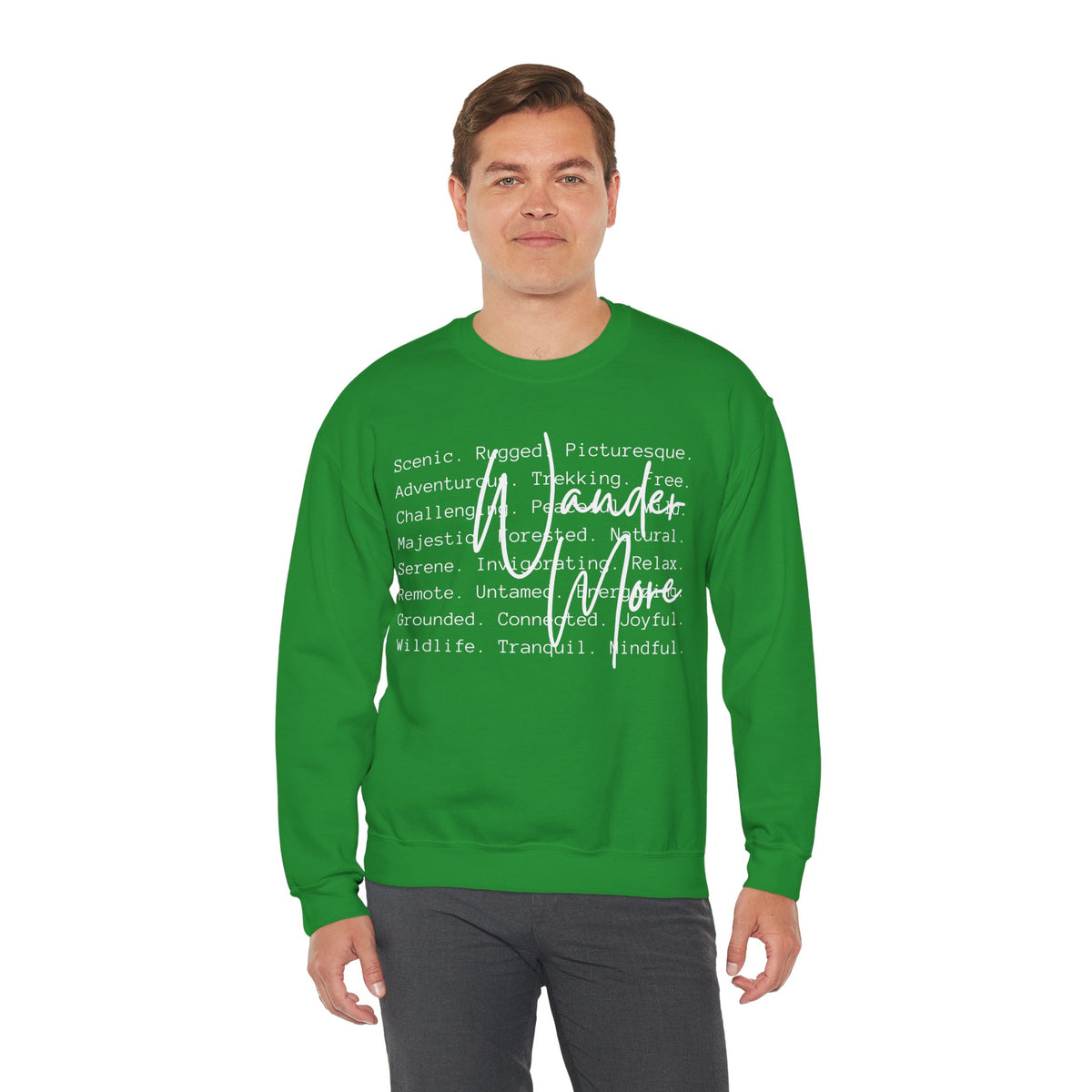 Wander More, Scenic Adventure Typography – Gildan Heavy Blend | Trendy Men's and Women’s Soft Sweatshirt. Direct to Garment. Printed & Shipped in the USA. Unisex Sizes.