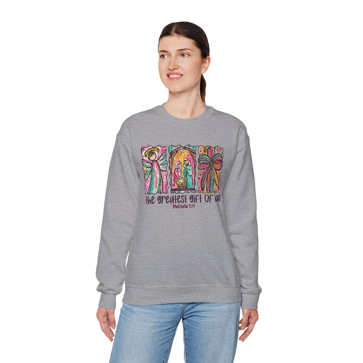 The Greatest Gift of All, Christian Tee - Preppy Watercolor – Gildan Heavy Blend | Trendy Women’s Soft Sweatshirt. Direct to Garment. Printed & Shipped in the USA. Unisex Sizes.