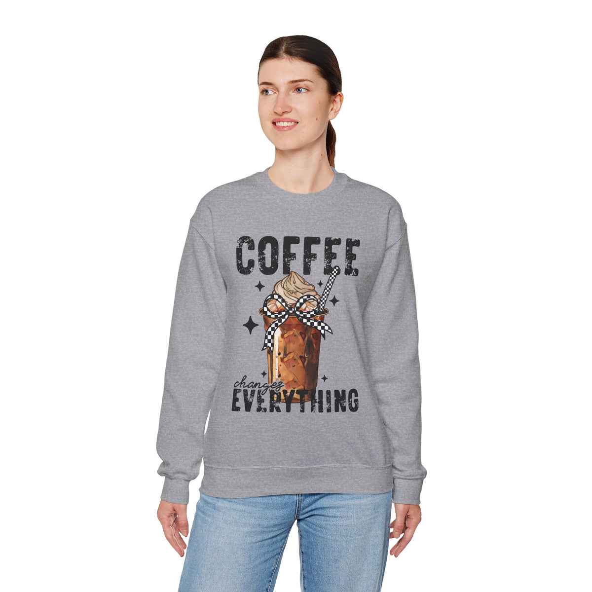 Coffee Changes Everything, Iced Coffee, Coffee Lovers – Gildan Heavy Blend | Trendy Women’s Soft Sweatshirt. Direct to Garment. Printed & Shipped in the USA. Unisex Sizes.