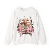 Highland Cow in Pink Truck Merry Christmas Holiday Farmhouse – Gildan Heavy Blend | Trendy Women’s Soft Sweatshirt. Direct to Garment. Printed & Shipped in the USA. Unisex Sizes.
