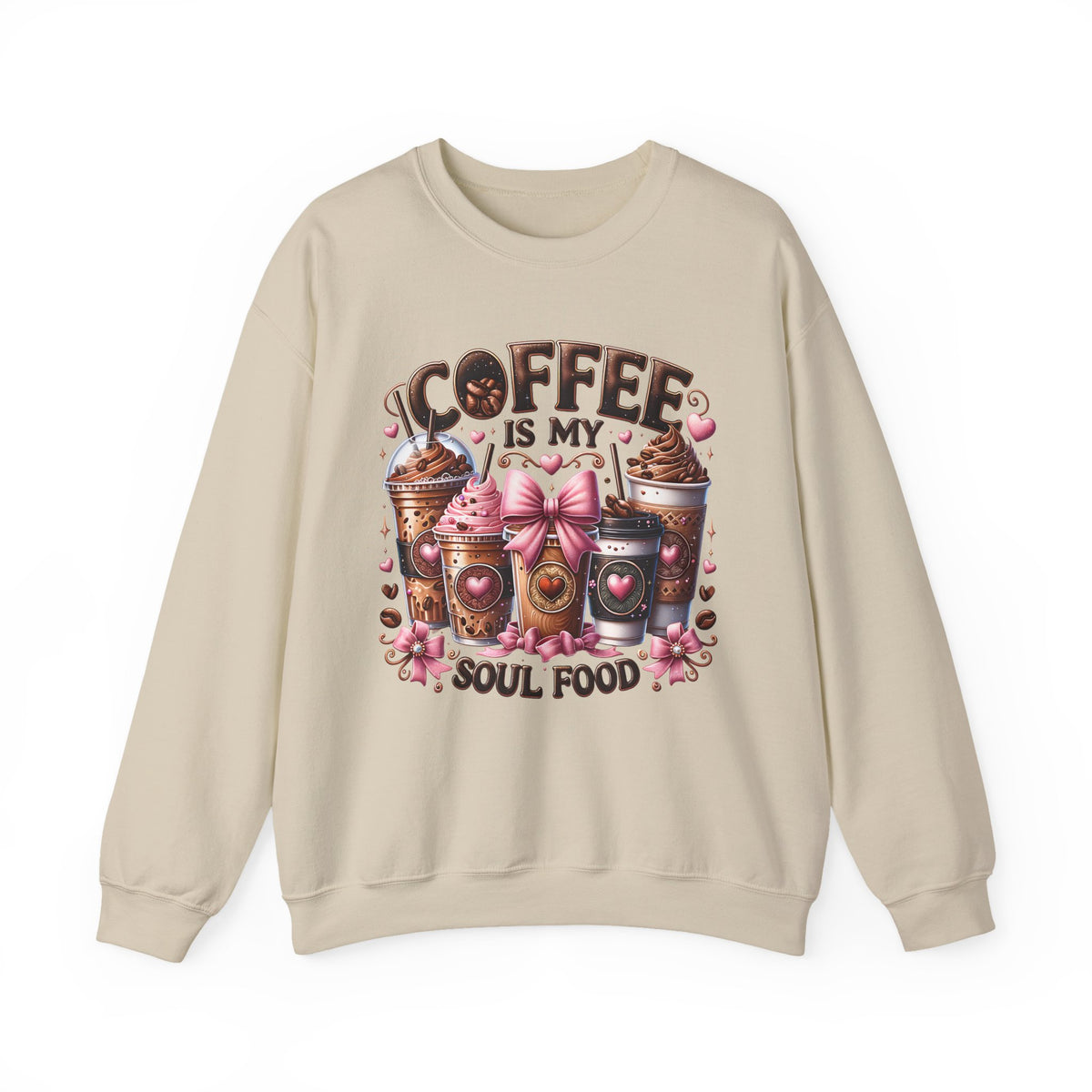 Coffee Is My Soul Food, Iced Coffee, Pink Bow – Gildan Heavy Blend | Trendy Women’s Soft Sweatshirt. Direct to Garment. Printed & Shipped in the USA. Unisex Sizes.