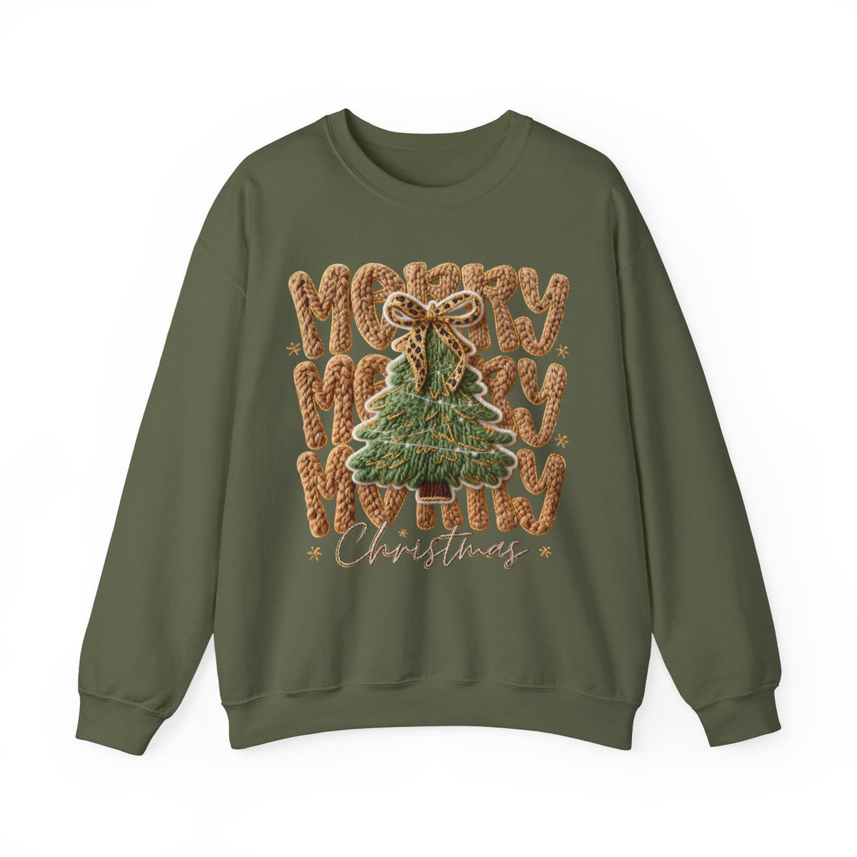 Merry Merry Merry Christmas, Faux Latch Hook Yarn – Gildan Heavy Blend | Trendy Women’s Soft Sweatshirt. Direct to Garment. Printed & Shipped in the USA. Unisex Sizes.