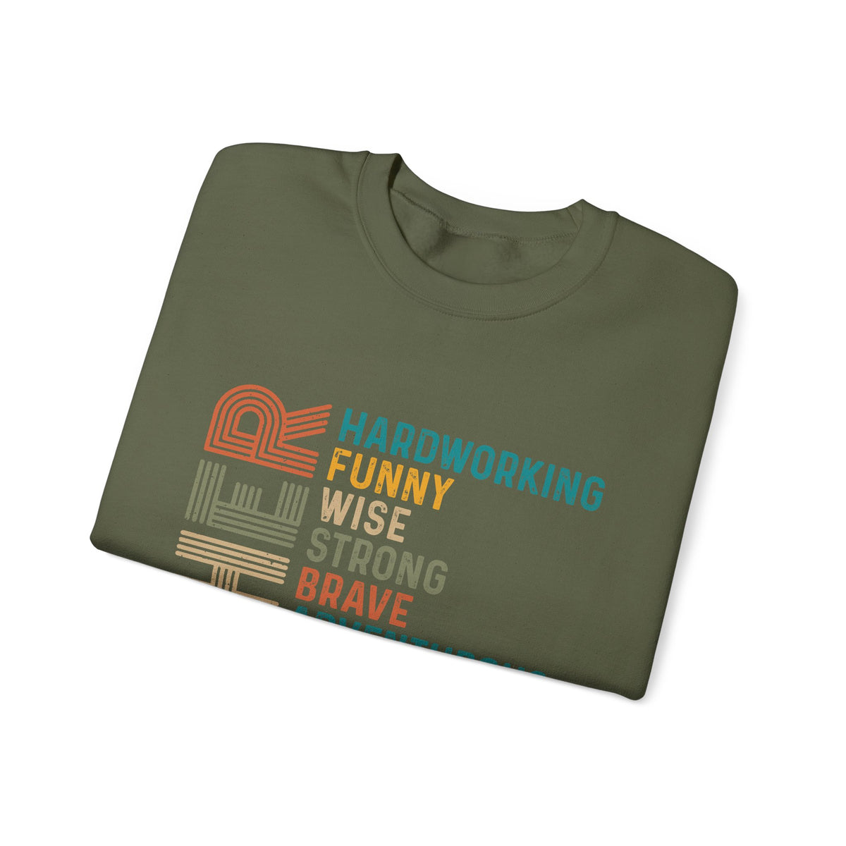 Father: Hardworking, Funny, Wise – Gildan Heavy Blend | Trendy Men's Soft Sweatshirt. Direct to Garment. Printed & Shipped in the USA. Unisex Sizes.