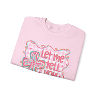 Let Me Tell You About My Jesus, Pink and Green – Gildan Heavy Blend | Trendy Women’s Soft Sweatshirt. Direct to Garment. Printed & Shipped in the USA. Unisex Sizes.