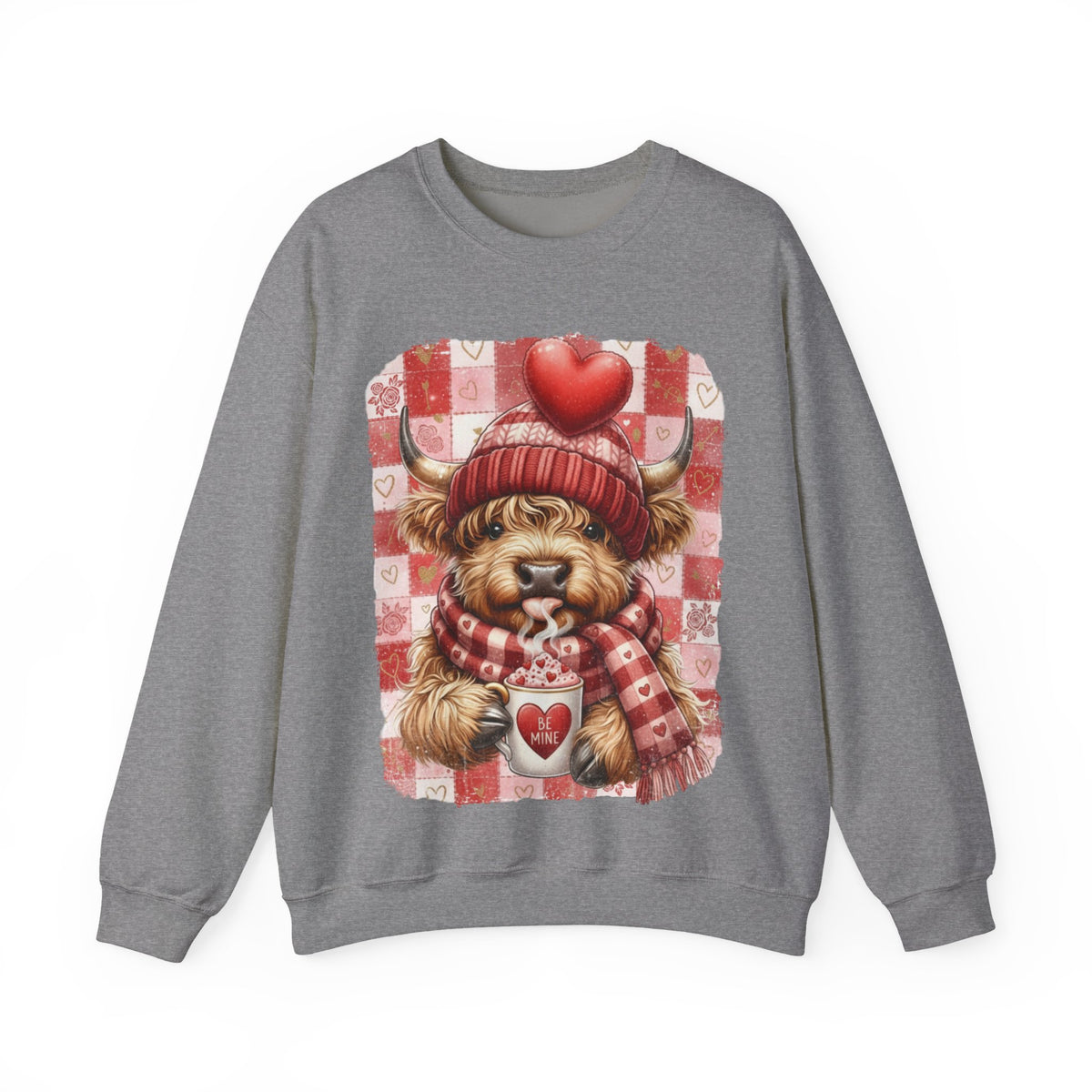 Highland Cow Be Mine, Red Checkered – Gildan Heavy Blend | Trendy Women’s Soft Sweatshirt. Direct to Garment. Printed & Shipped in the USA. Unisex Sizes.