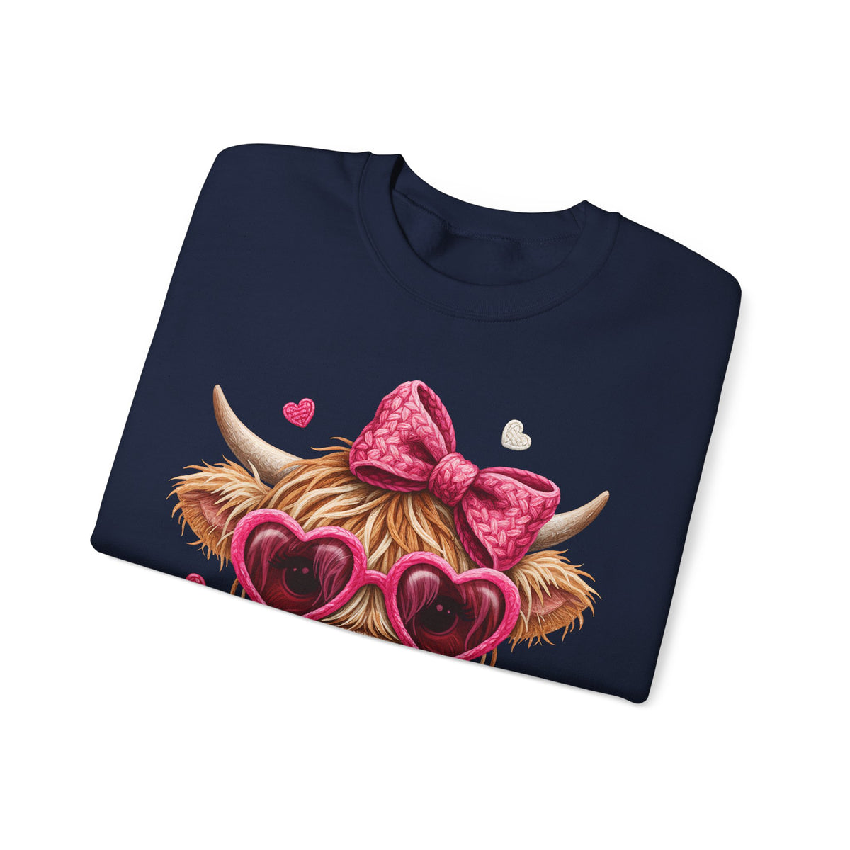 Highland Cow - Pink Heart Shaped Glasses – Gildan Heavy Blend | Trendy Women’s Soft Sweatshirt. Direct to Garment. Printed & Shipped in the USA. Unisex Sizes.