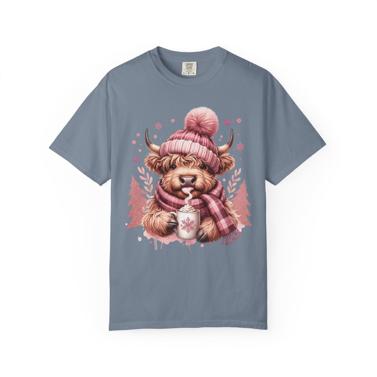 Cozy Highland Cow, Winter Coffee Mug & Scarf - Comfort Colors | Trendy Women's T-Shirt. Direct to Garment. Printed & Shipped in the USA. Unisex Sizes.