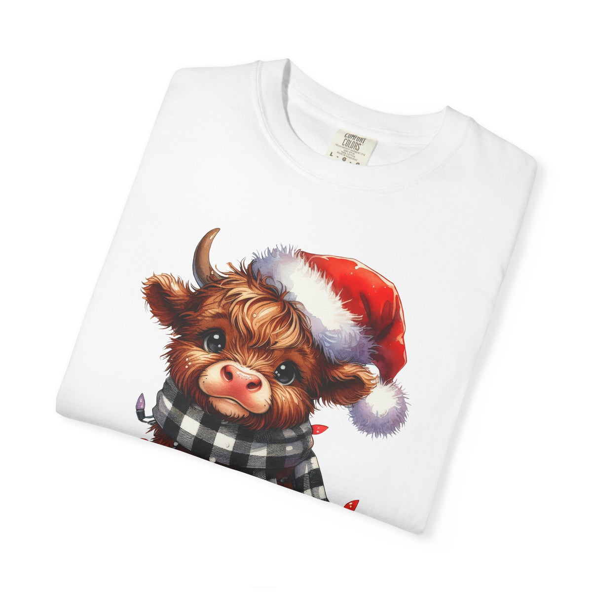 Cute Highland Cow Santa Hat Scarf Christmas Lights - Comfort Colors | Trendy Unisex T-Shirt. Direct to Garment. Printed & Shipped in the USA. Unisex Sizes.