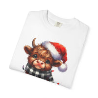 Cute Highland Cow Santa Hat Scarf Christmas Lights - Comfort Colors | Trendy Unisex T-Shirt. Direct to Garment. Printed & Shipped in the USA. Unisex Sizes.